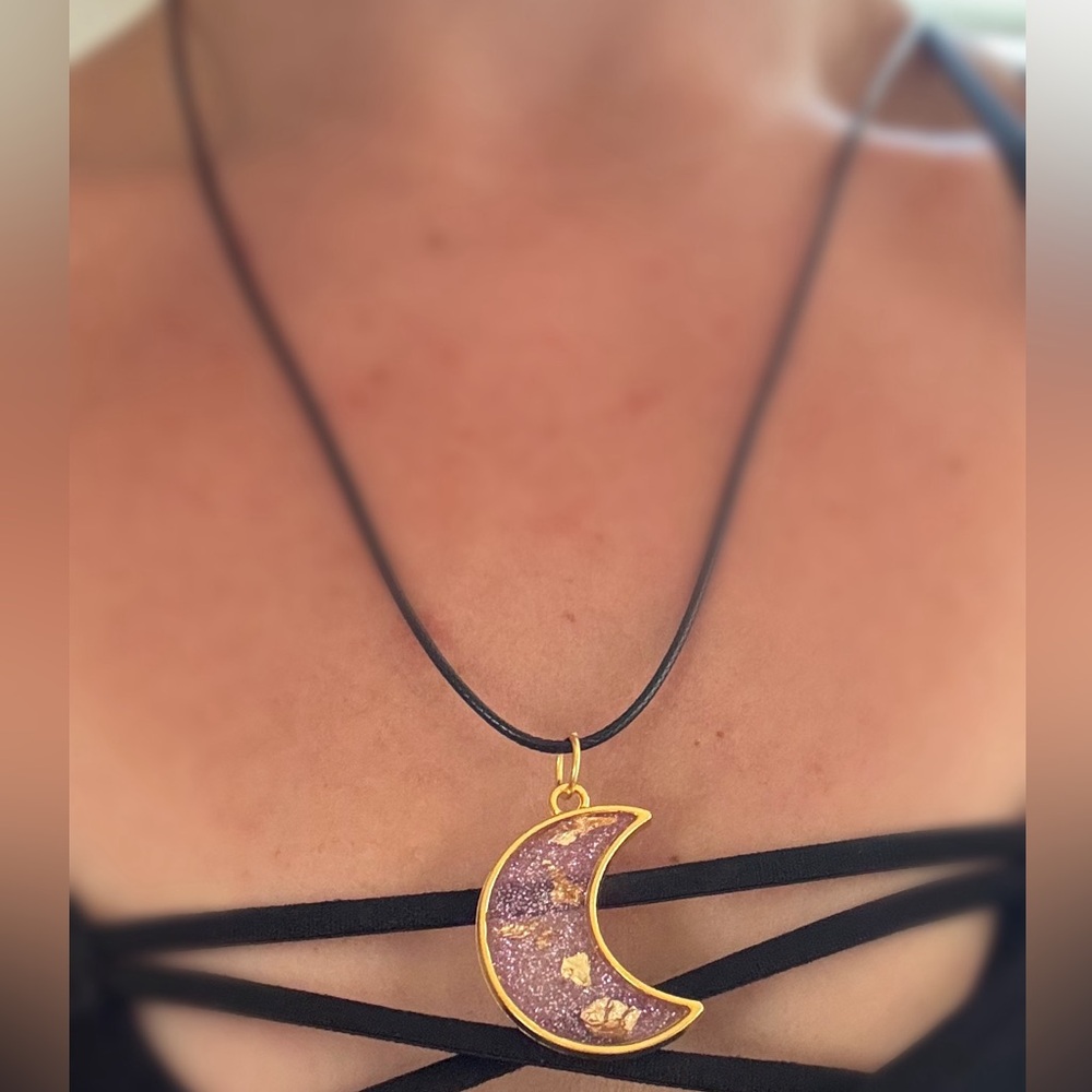 Elegant Gold and Purple Crescent Moon Pendant Necklace - Picture 6 of 8